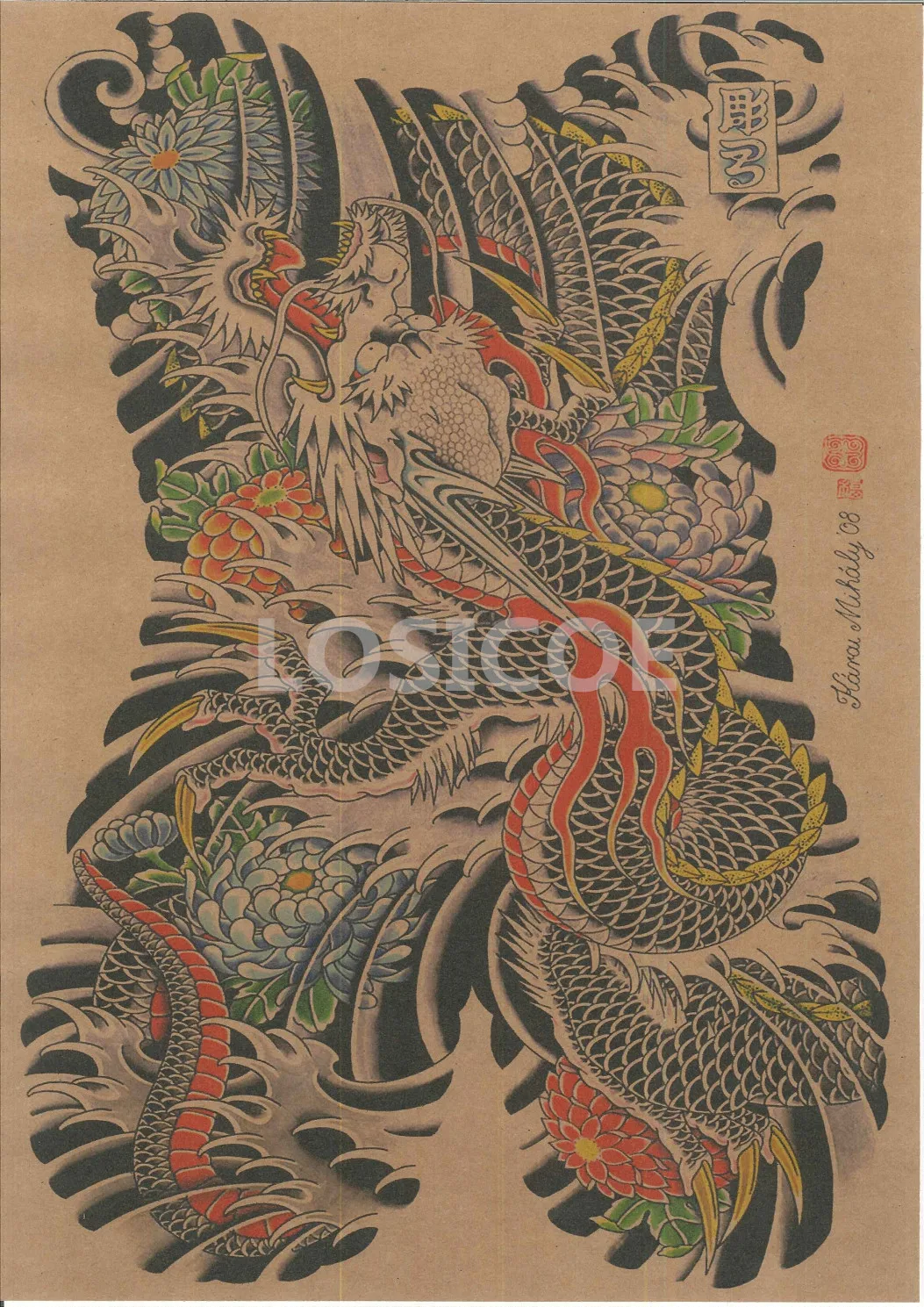 Dragon Japan Ukiyo Tattoo Nostalgic Retro Kraft Paper Posters Wall Sticker Painting Antique Collection Indoor Decoration 30X42CM | Дом и сад
