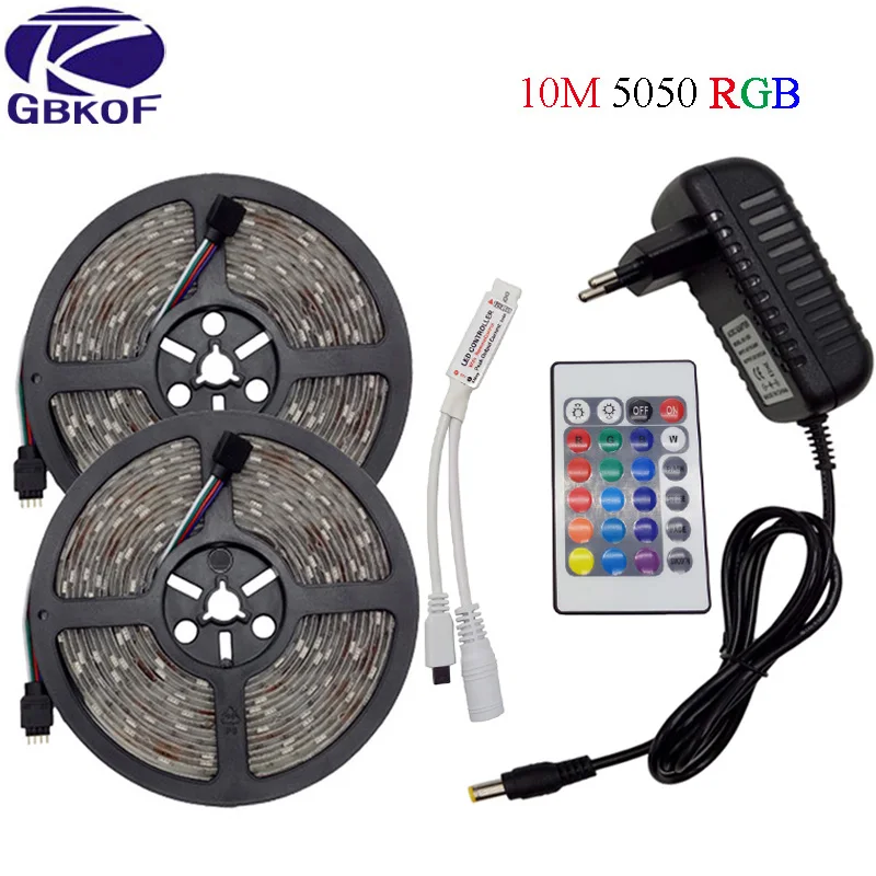 

DC 12V SMD 5050 RGB LED Strip Light 10m 5m 30Leds/m waterproof/ip20 led flexible ribbon tape+24Key Remote Controller+adapter