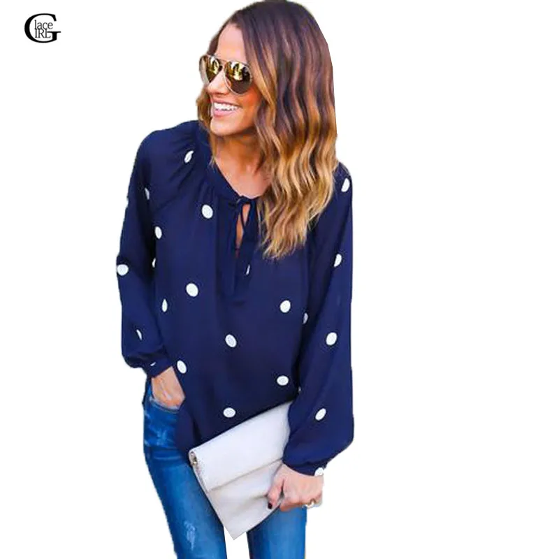 Lace Girl 2017 Summer Spring Women Chiffon Blouse Vintage Polka Dot V Neck Long Sleeve Tops Shirts Casual Loose Blusas Mujer |
