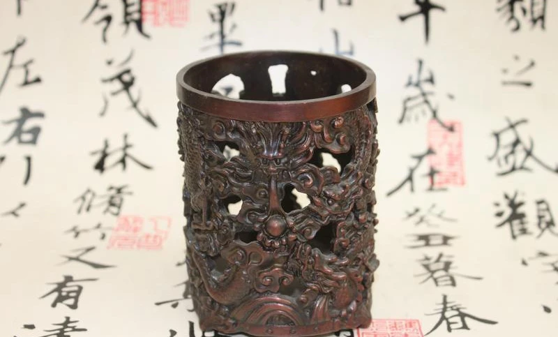 

China Dynasty Palace Bronze Copper Nine Dragon Royal Vase Pen Case Brush Pot a 0518