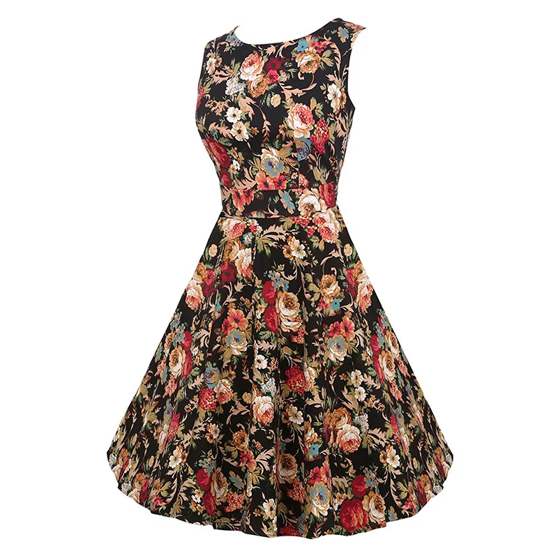 Kostlish Cotton Summer Dress Women 2017 Sleeveless Tunic 50s Vintage Dress Belt Elegant Print Rockabilly Party Dresses Sundress (34)