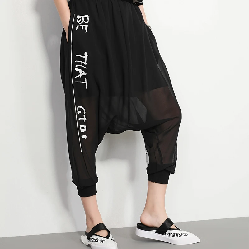 

Hippie harem pants summer fashion female chiffon printing black pants high waist trousers loose baggy pants women