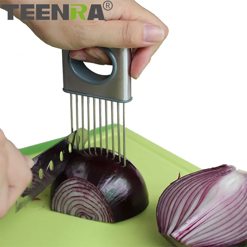 TEENRA1Pcs держатель для лука, вилка из нержавеющей стали, томатный слайсер, резак, металлический держатель для лука, для нарезки мяса, вилка для кухни - Цвет: Серебристый