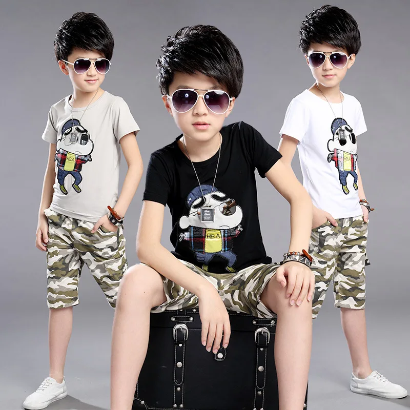 

2017 Summer Boys & Girls Clothes Sport Cartoon t shirt Camo Pants Two Piece Children Clothing Set 4-13 T Kids Clothes Tracksuit