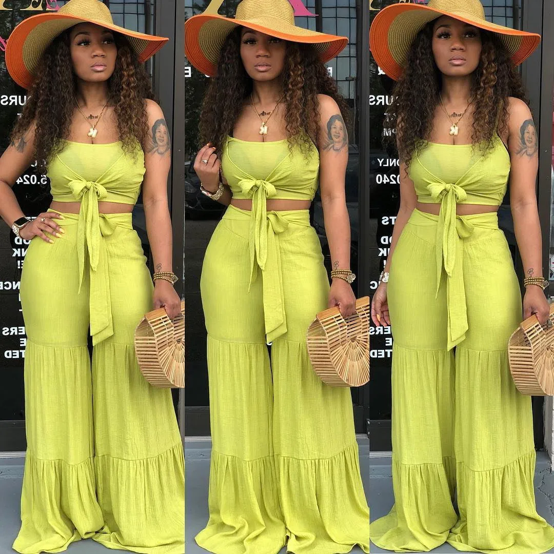 

Festival Clothing 2019 Summer Yellow 2 Piece Outfits for Women Co-ord Set Matching Strapless Crop Top and Pant Suits Casual