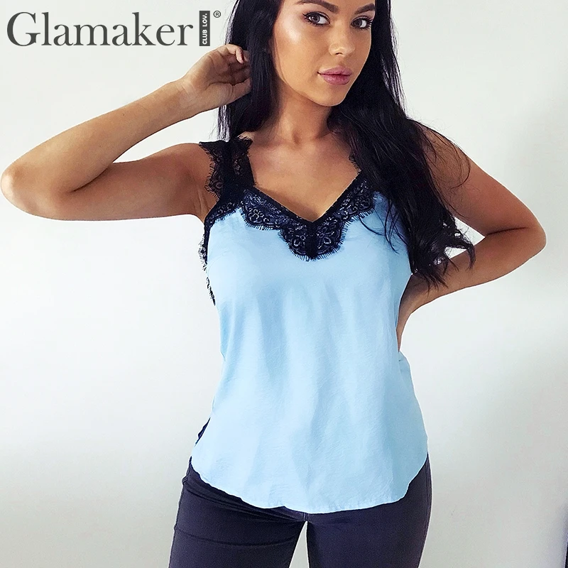 

Glamaker Sexy v neck elegant lace women Satin black backless loose summer camisole tank top Ladies daily streetwear top cami