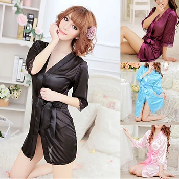 

Women Sexy Faux Satin Ice Silk Sleepwear Nightdress Bathrobe Lace G-string Gown