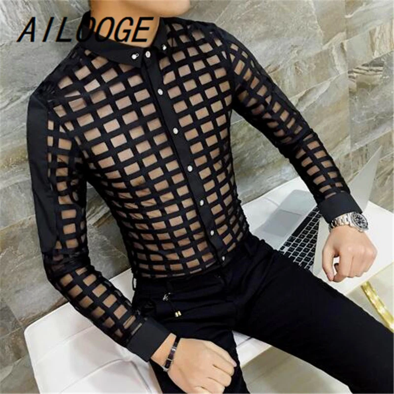 AILOOGE hombres camisas transparencias moda asiática para hombre Camisa transparente traje de discoteca hombres camisas a negro blanco Sexy Camisa delgada|Camisas informales| - AliExpress