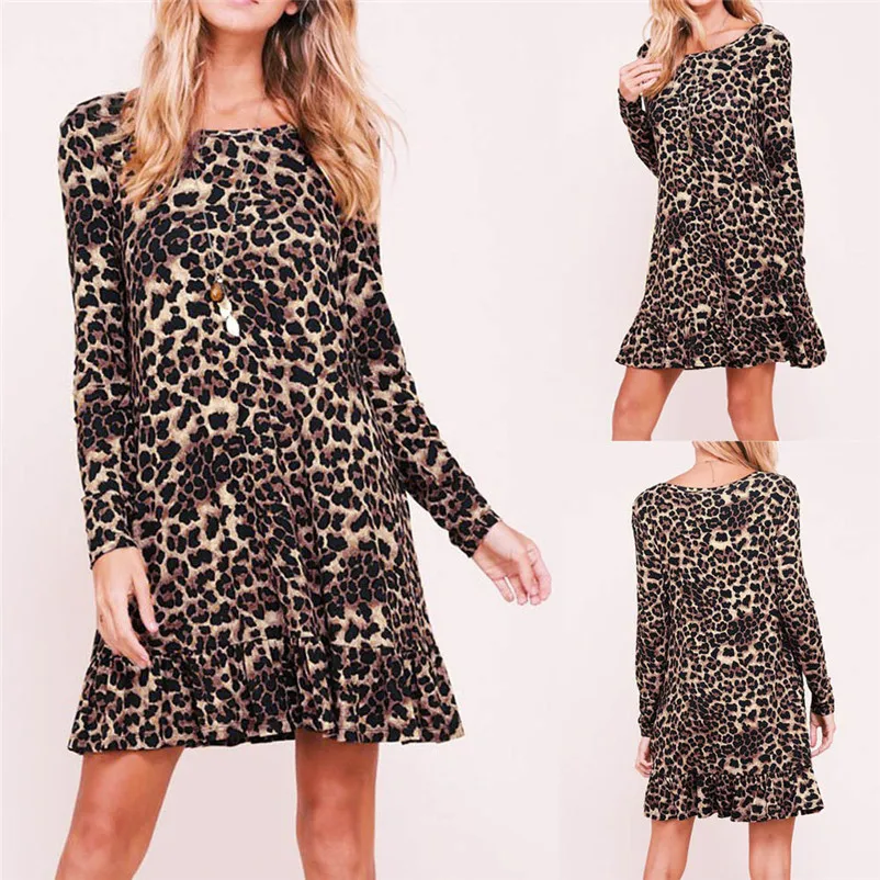 Fashion dress Autumn 2018 beach dress Women O Neck Leopart Print Mini Dress Long Sleeve Party Club Wrap Tea Dress robe O11#N (8)