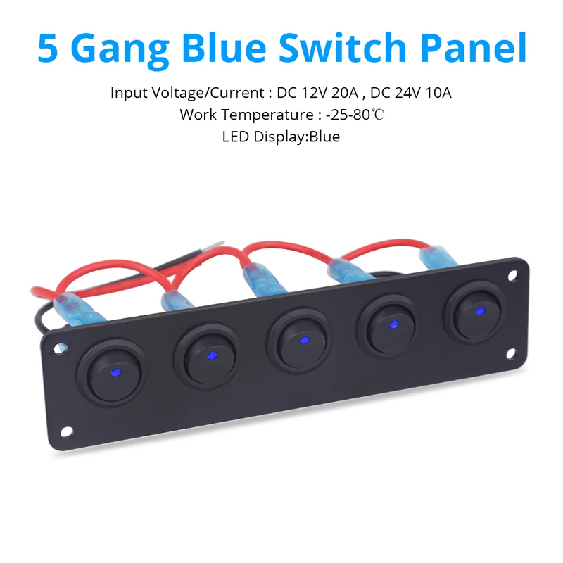 

12v-24V Blue Led 5 Gang Round Rocker Switch Panel For RV Boat Yacht Marine Overload Protected Car Panel Switch For Jeep