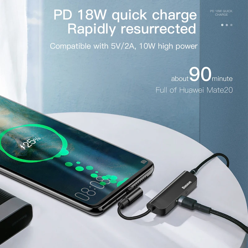 Переходник Baseus USB Type C на 3 5 мм с разъемом для наушников адаптер Aux PD 18 Вт кабель OTG