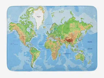

World Map Bath Mat Topographic Map of The World Continents Countries Oceans Mountains Educational Plush Bathroom Mat
