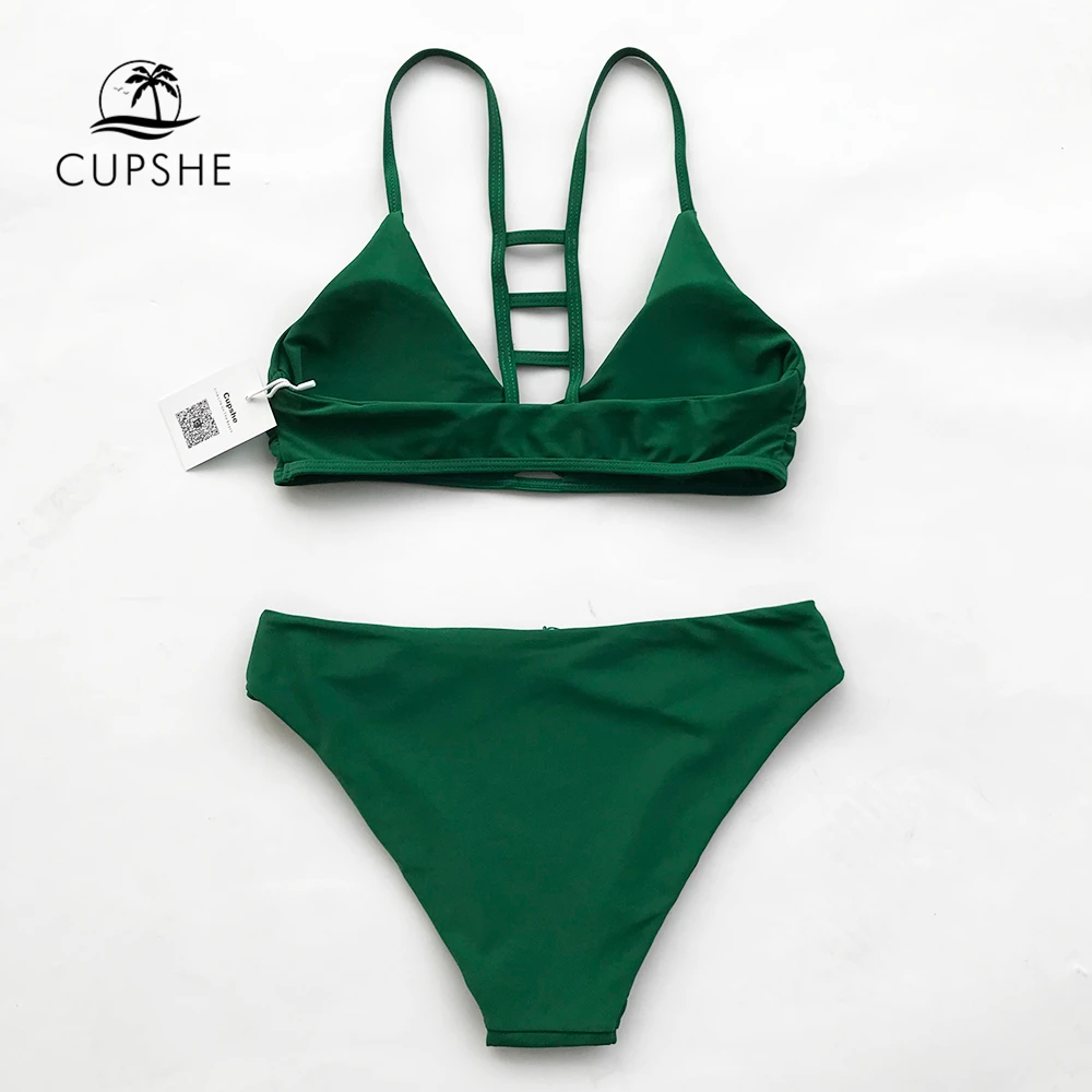 Billig Cupshe Grün Solide Bikini Set Frauen Push Up Cut Out Plain Zwei Stücke Bademode 2020 Strand Strappy Sexy Badeanzug badeanzüge