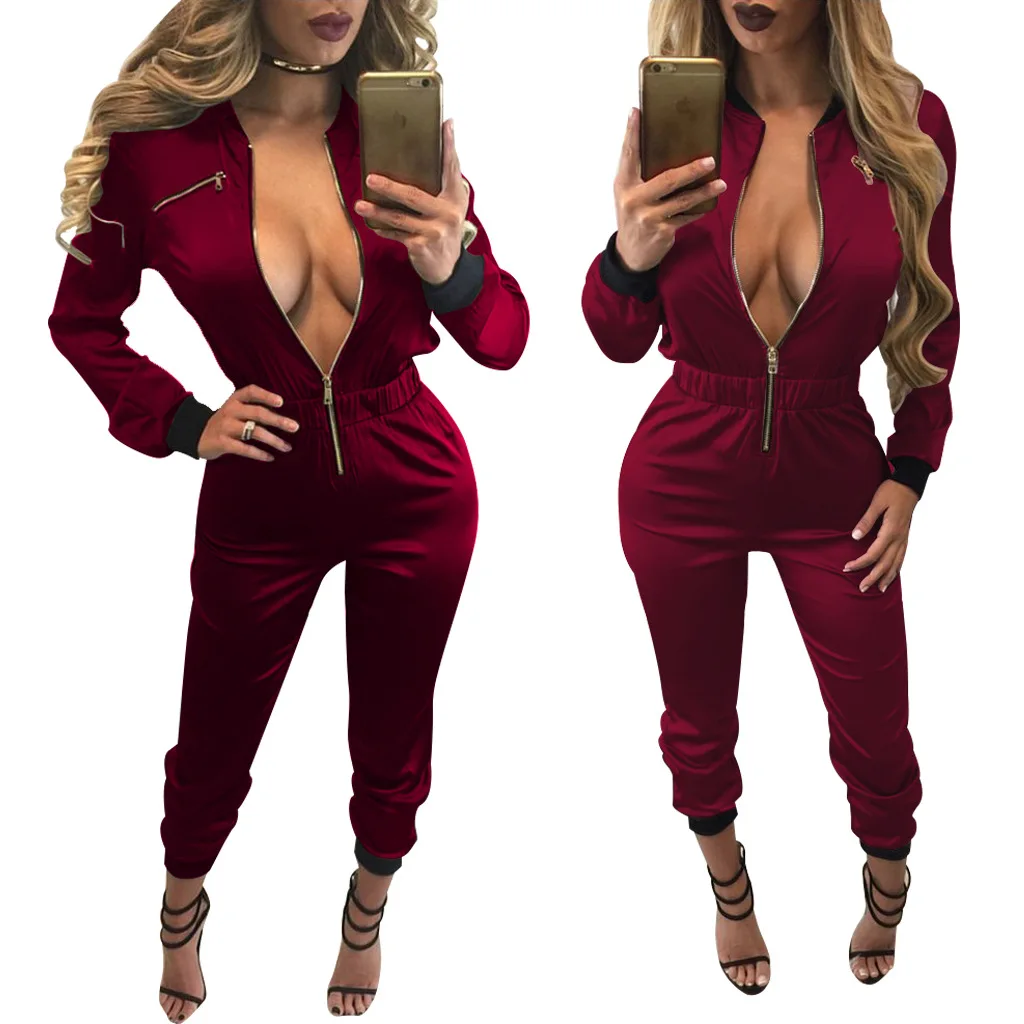 IMYSEN 2017 Autumn Winter Jumpsuit Sexy Deep V Collar Zipper Long