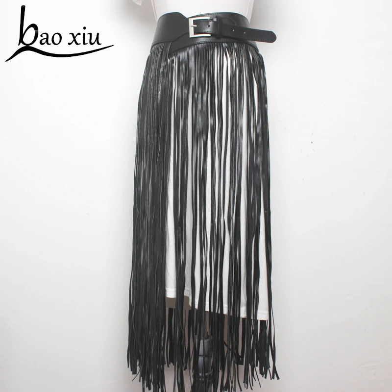 Sexy long fringe leather belts Black Designer ceinture femme Punk Silver Pin Buckle Plus size Tassel Belt Corset Straps women