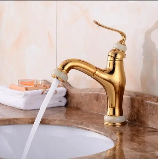 

New arrival high quality gold finished Copper and natural jade material bathroom sink faucet with pull out shower head