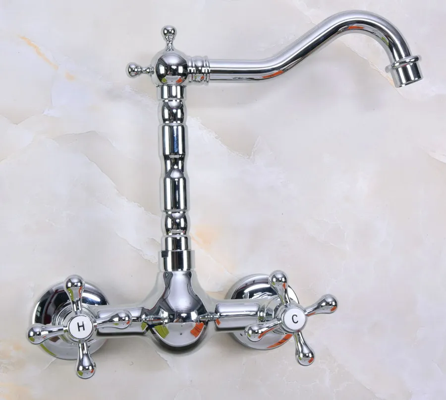 Polished Chrome Brass Wall Mounted Double Cross Handles Bathroom Kitchen Sink Faucet Mixer Tap Swivel Spout anf970