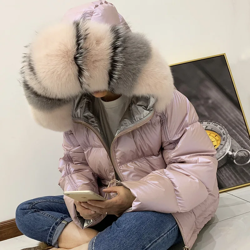 Winter Jacket Women Glossy Down Parka Real Raccoon Fur Collar Women Jacket Winter Hooded Parkas Warm Thick Parka Female Coat