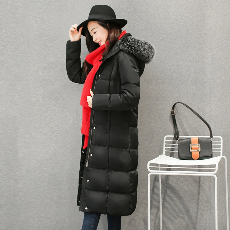 2018 New Women Down Coat Faux Fox Fur Collar Hooded Down Jacket Long Outerwear Solid Color Zippered Thick Warm Winter Coat OK964 2018 New Women Down Coat Faux Fox Fur Collar Hooded Down Jacket Long Outerwear Solid Color Zippered Thick Warm Winter Coat OK964