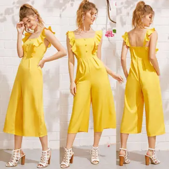 

Women Solid Color Ruffle Loose Summer Sleeveless Solid Jumpsuits Backless Loose Pants Jumpsuit Casual Clothes
