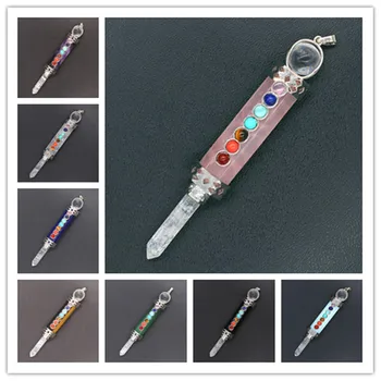 KFT Natural Healing Crystal Stones Hexagon Pendulums 7 Chakra Stone Beads Reiki Quartz Pendule Pendulum Stone Pendant Jewelry