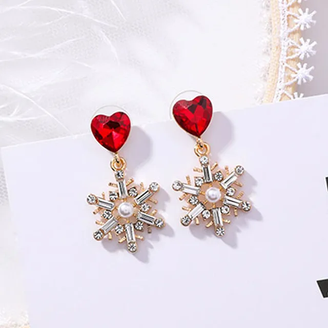 Women Girls Christmas Earrings Sweet Red Crystal Love Heart Rhinestone