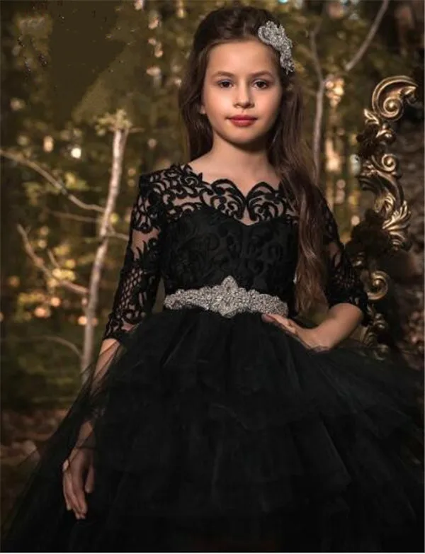 

Lace Flower Girl Dresses for Weddings 2019 Black Kids Evening Dress High Low Communion Dresses For Girls Pageant Gowns
