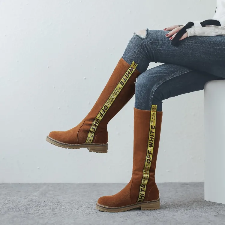 

Big Size 11 12 13 14 15 16 17 English high-end female boots with round letters with high sleeve opening
