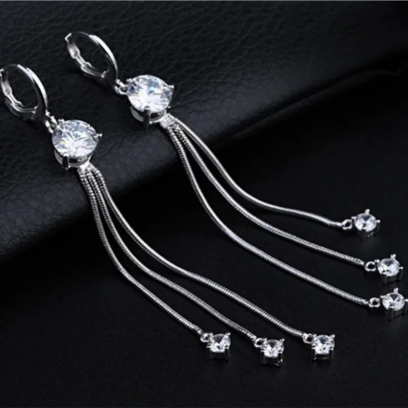 

TJP Fashion Silver 925 Women Long Earrings Jewelry New Trendy Crystal Tassle Earrings For Girl Bride Wedding Accessories Bijou
