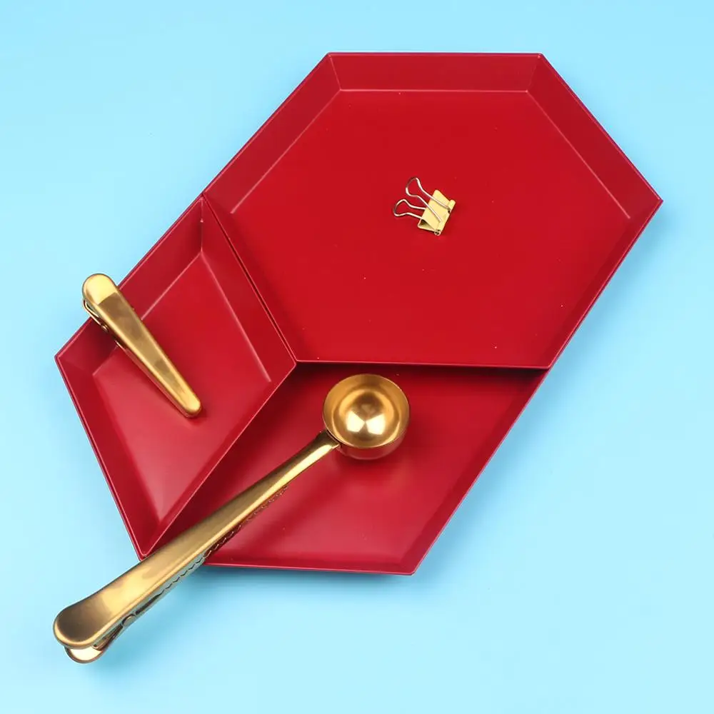 

Scandinavian Red Polygon Jewelry Display Plate Desktop Metal Storage Tray Geometric Diamond Hexagonal Cake Fruit Dish Plate