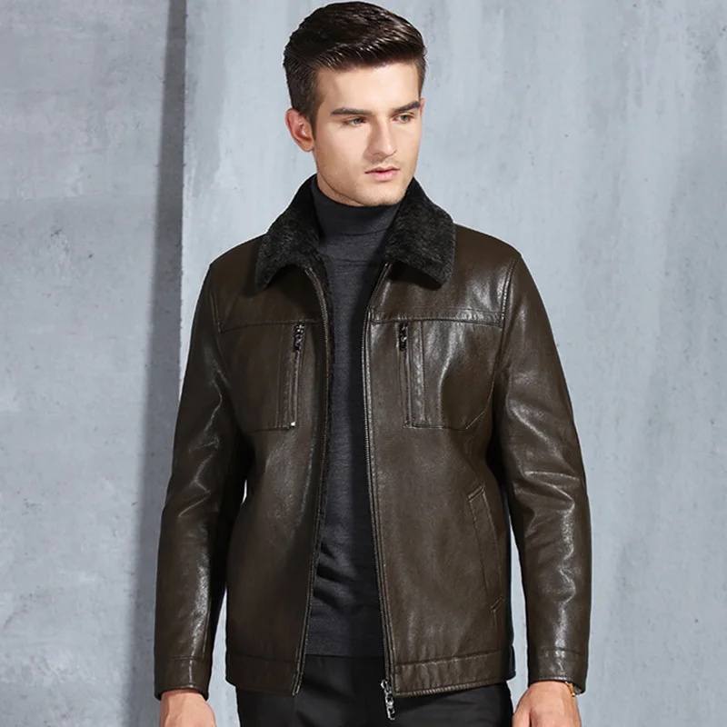 Зимнее Мужское пальто из натуральной кожи, толстое кожаное пальто с меховым воротником, мужская кожаная куртка, короткая черная куртка, размеры M-XXXL
