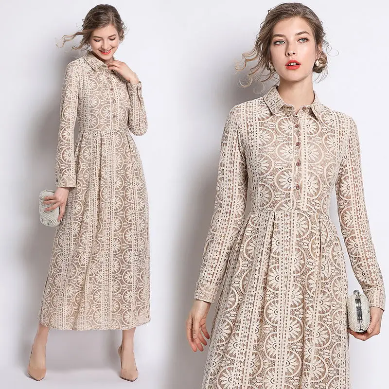 

2019 Spring Women New Hollow Out Lace A-line Dress Anlke-length Elegant Long Dresses OL Holidays Bottoming Vestidos