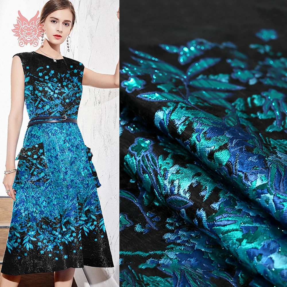 

French rosemary blue and black organza positional pattern jacquard metallic fabric for lady dress coat tissu de position SP5730