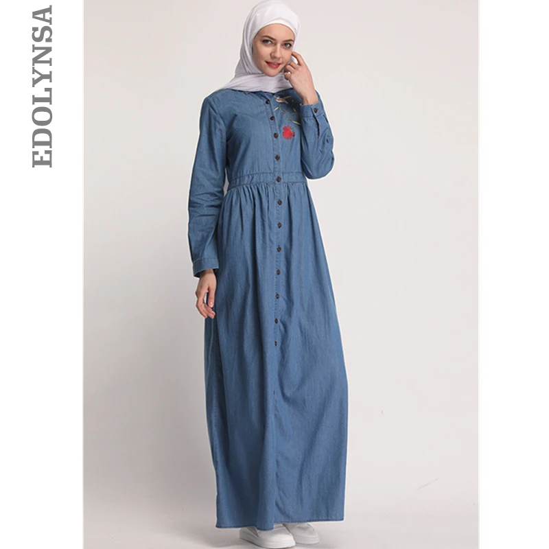 

2019 Modest Denim Islamic Clothing Casual Button Front Open Abaya Long Cardigan Robe Moroccan Kaftan Turkish Muslim Dress D752
