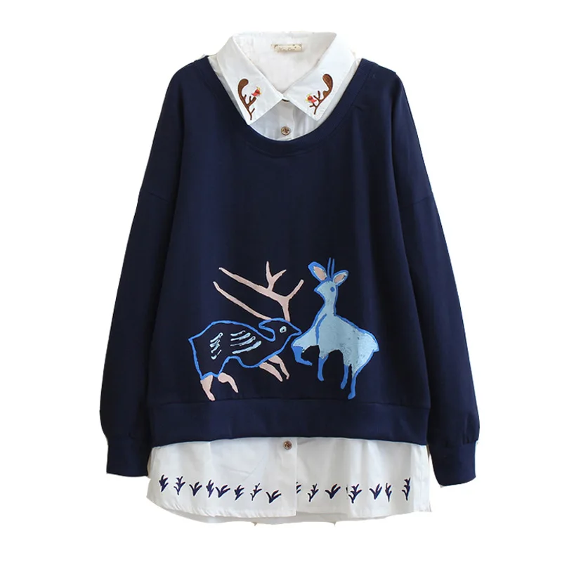

Spring Autumn Sweet Loose Fake Two Sweatshirt Women Solid Turn Down Collar Deer Pattern Full Sleeve Female Sweatshirts T334