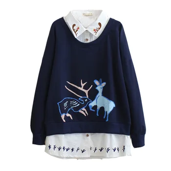 

Spring Autumn Sweet Loose Fake Two Sweatshirt Women Solid Turn Down Collar Deer Pattern Full Sleeve Female Sweatshirts T334