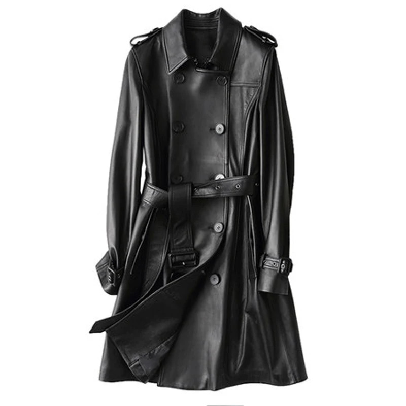 New 2021 Spring Geniune Leather Jacket Women Long Slim Double Breasted