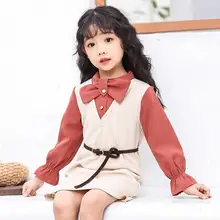 Г. Весенне-осеннее школьное платье в консервативном стиле с фальш-вставкой для девочек Детские вечерние платья с длинными рукавами и бантом в стиле пэчворк для девочек JW4723