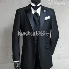 Настоящая фотография черный одна кнопка жениха смокинги Угловые атласные с отворотом шафер жених мужские свадебные вечерние костюмы(куртка+ брюки+ галстук+ жилет