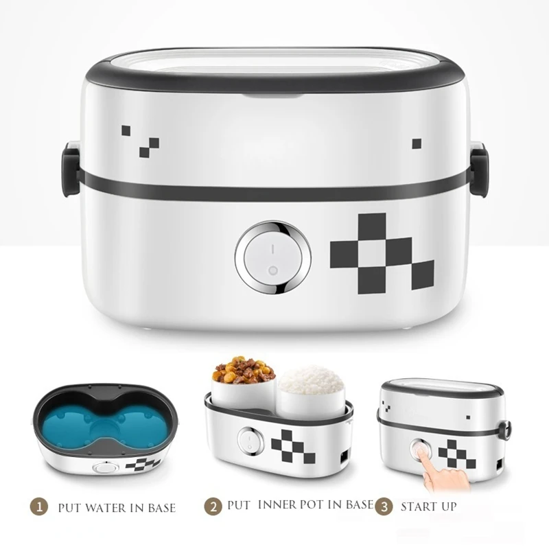 DMWD 1L Portable Electric Cooker Food Heater Heating Lunch Box With Separate 2 Ceramic Inner Pot For Steaming Boiling