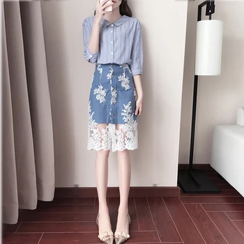 

Summer New Fashion Temperament Skirt Set Striped Lace Patchwork A-line Top And Skirt Elegant Office Work 2 Piece Set Women