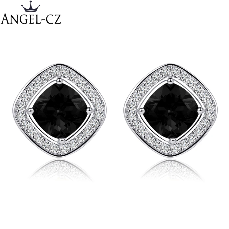 

ANGELCZ 2019 New Arrival Fashion Jewelry Micro Cubic Zircon Setting Big Black Stone Trendy Square Stud Earrings For Women AE091