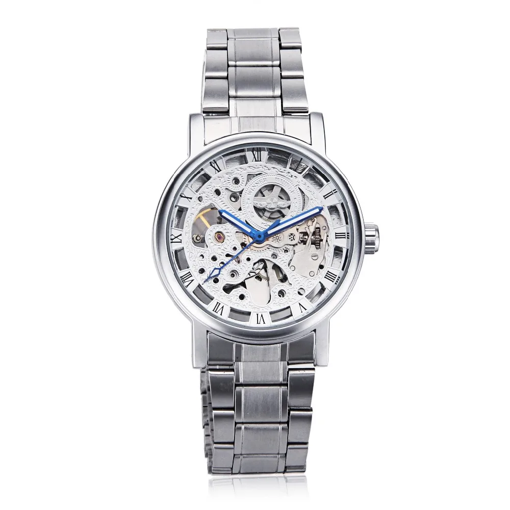 Silver Mens Skeleton WristWatch Stainless Steel Band Steampunk Casual