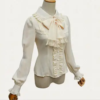 

New Lolita Vintage Chiffon Shirt Long Lantern Sleeve Women Blouse classic lolita Lace Chiffon Beige/black/white Lolita Top Shirt