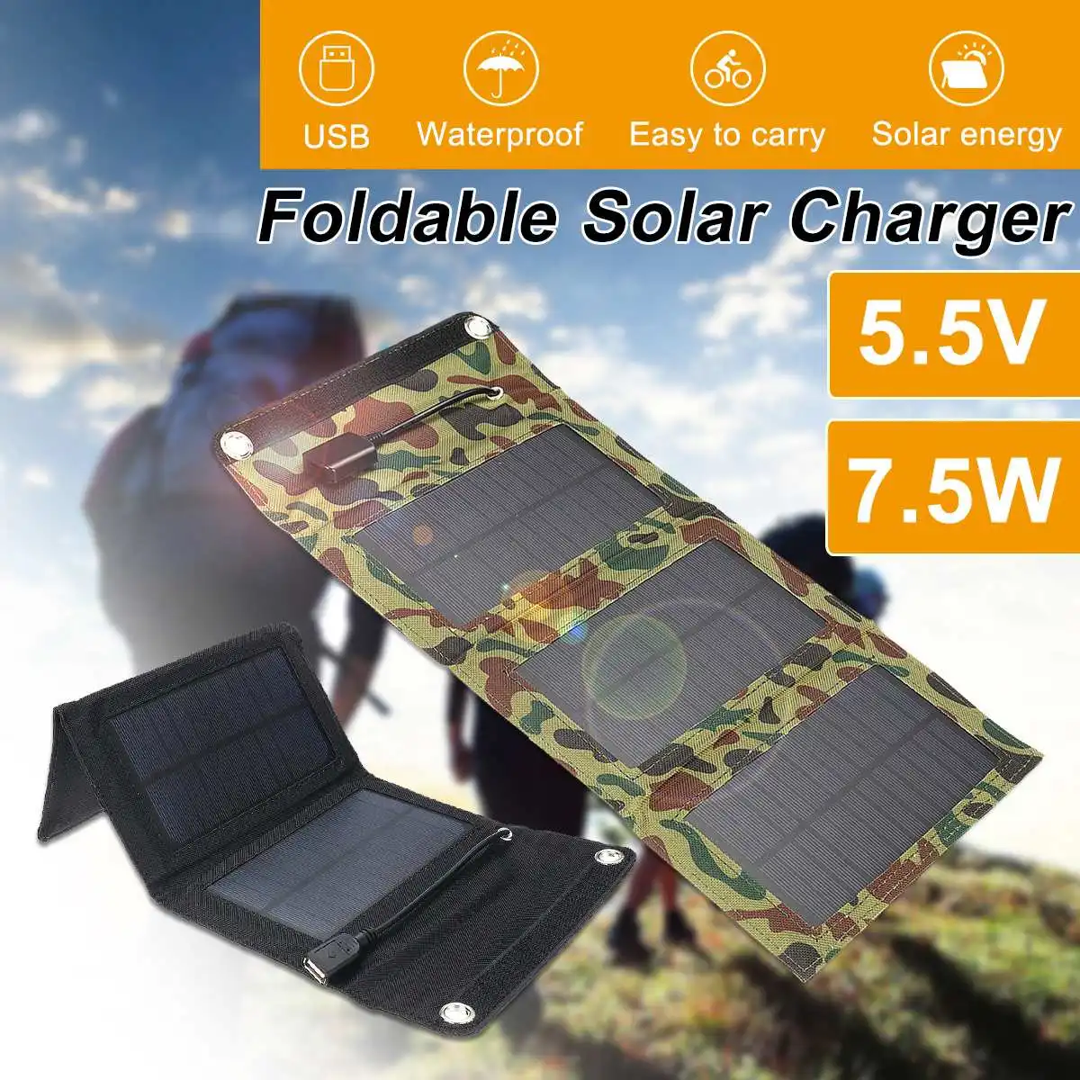 

Black/Green 7.5W SunPower folding Solar Cells Charger 5.5V USB Output Devices Portable Solar Panels for Smartphones
