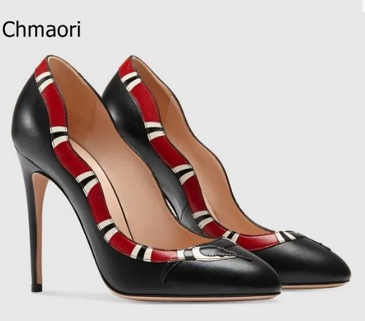 

2018 Hot New Luxury Brand Chmaori Women Fashion Black Red Yellow Metallic Leather Snake Pumps Thin Heels Party Shoes Lady
