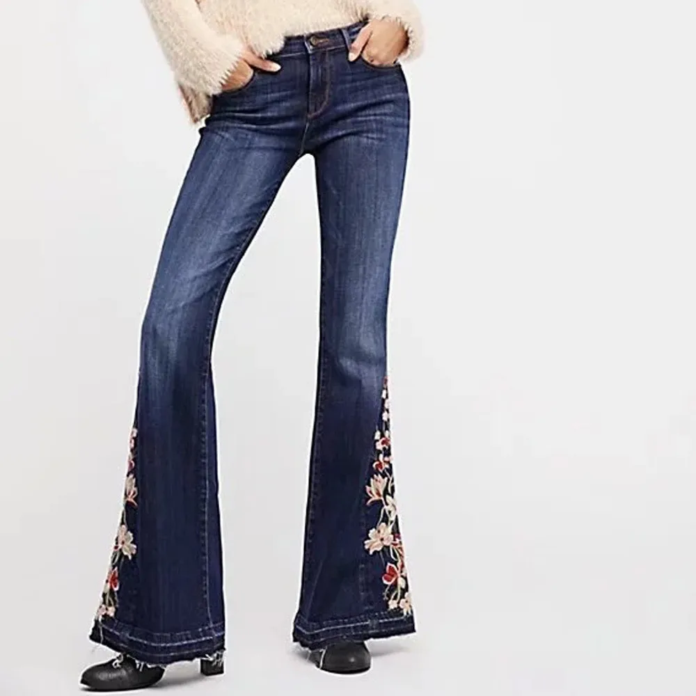 Свободные женские Стрейчевые джинсы с высокой талией и вышивкой, женские джинсовые штаны с цветочным принтом, штаны женские джинсы, расклешенные брюки N30