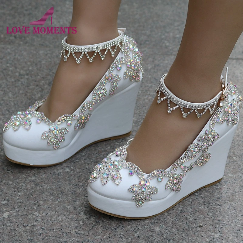 Handmade Luxury Crystal AB Color Bridal Shoes White Wedding High Heels ...