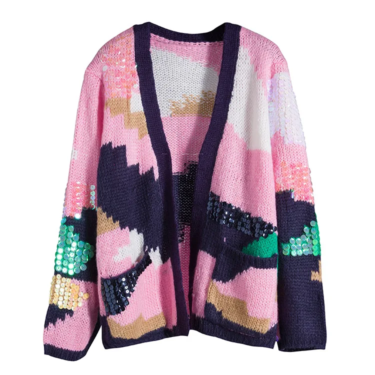 GRUIICEEN luxury beaded knitted cardigans women open stitch v neck