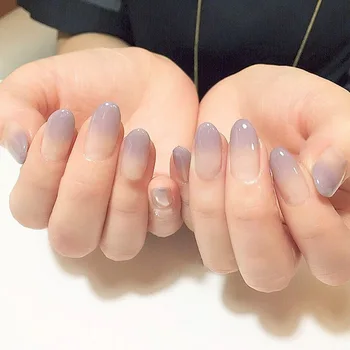 

New 24pcs sexy nude purple Gradient color False Nail Art With Glue plain color Fake Nail Tip Finished manicure nail sticker